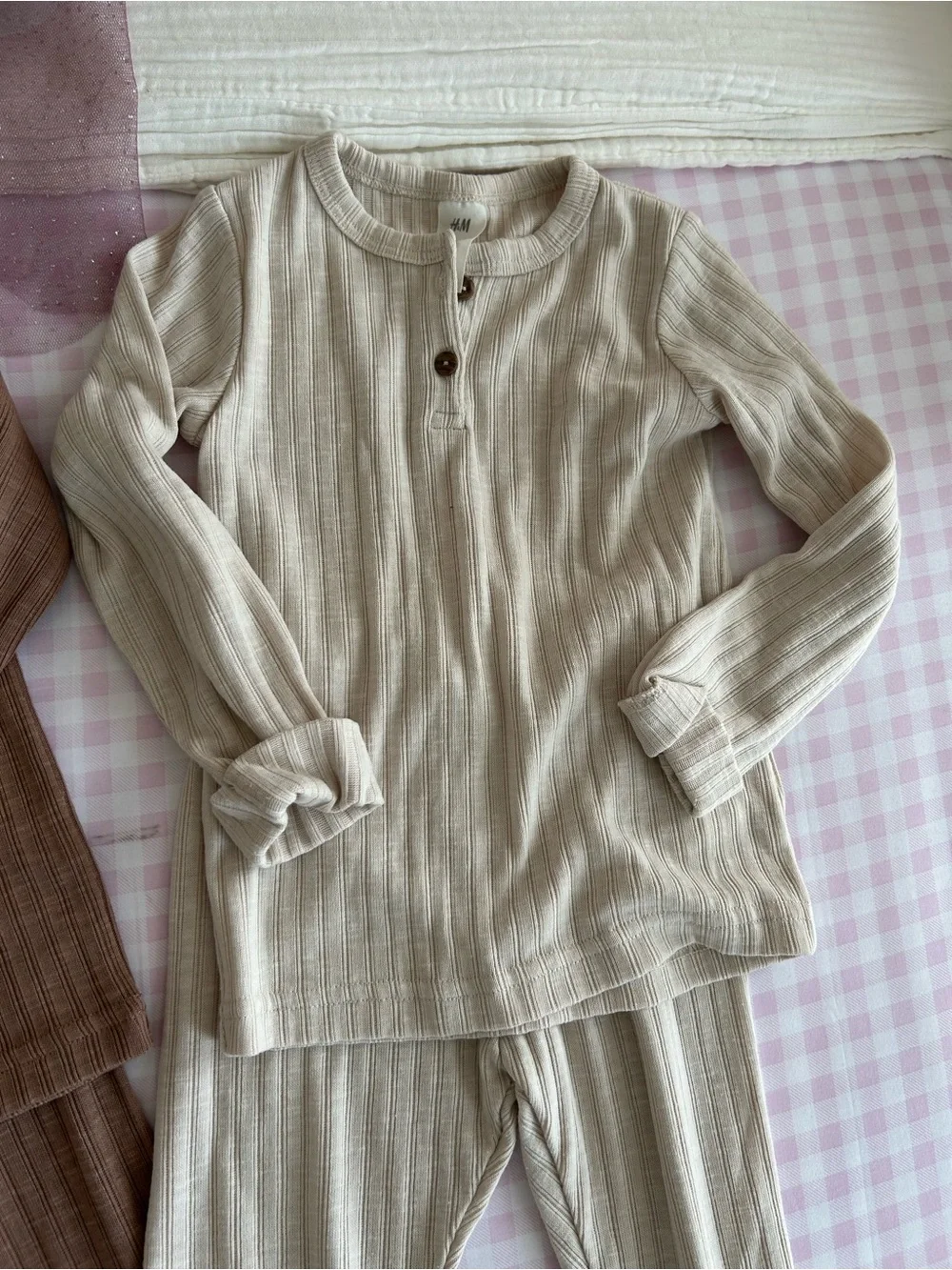 Kids Ribbed Thermal Pajama Set - Brown and Cream
